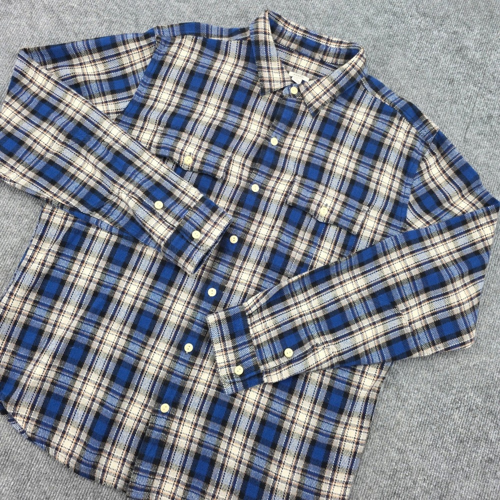 Fossil Mens XL Blue Plaid Flannel Shirt Long Sleeve Button Down Cotton Pocket